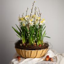 Artículo Jardinera redonda, decoración floral, cuenco de plástico, recipiente para arreglos verde, blanco moteado Al8,5cm Ø30cm