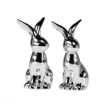 Artículo Conejo de Pascua Decorativo Cerámica Conejo Decorativo Sentado Plata 18cm 2 Piezas