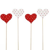 Tapones florales de corazones rojos y blancos punteados madera 6×5cm 18ud