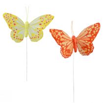 Artículo Mariposas decorativas sobre plumas de alambre amarillo anaranjado 7×11cm 12ud