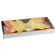 Artículo Mariposas decorativas sobre plumas de alambre amarillo anaranjado 7×11cm 12 piezas