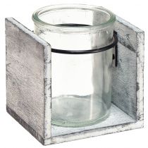 Artículo Portavelas de cristal con marco rústico de madera - blanco grisáceo, 10x9x10cm - encantadora decoración de mesa 3 piezas