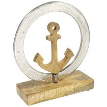 Decoración marítima, ancla de madera en el anillo, escultura, decoración náutica de verano plata, colores naturales Al. 19,5 cm