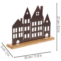 Artículo Decoración de hilera de casas, metal con base de madera, 30 cm