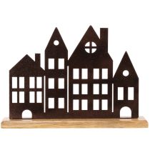 Artículo Decoración de hilera de casas, metal con base de madera, 30 cm