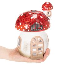 Artículo Casita decorativa con forma de seta para portavelas, pintada a mano con torrecilla, 21 cm.