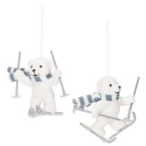 Artículo Colgante de oso polar esquiando con bufanda para colgar, 10 cm, 2 piezas