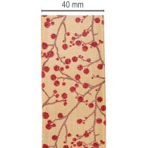 Artículo Ramas decorativas de cinta con bayas rojas brillantes, 40 mm x 15 m