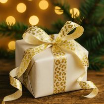 Artículo Cinta de seda con estampado de leopardo, color crema y dorado, 15 mm, 18 m