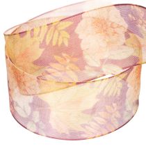 Artículo Cinta de regalo en colores otoñales, cinta de organza con estampado floral, 40 mm, 15 m