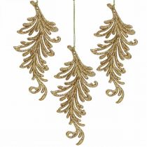 Artículo Colgante árbol con purpurina, plumas decorativas para colgar, decoración navideña Dorado L16cm 6ud