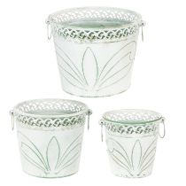 Artículo Maceta de metal repujado con asas, blanca y verde, estilo shabby chic, H22/19,5/17,5cm, Ø25,5/20,5/15,5cm, juego de 3