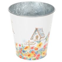 Artículo Maceta de hojalata con casitas para pájaros, decoración de verano, macetero de 14,5 cm de alto y 13,5 cm de diámetro.