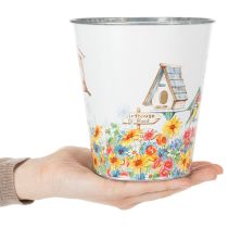 Artículo Maceta de hojalata con casitas para pájaros, decoración de verano, macetero de 14,5 cm de alto y 13,5 cm de diámetro.