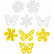 Flores y mariposas para espolvorear amarillo, madera blanca espolvorear decoración decoración de primavera 72 piezas