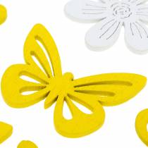 Flores y mariposas para espolvorear amarillo, madera blanca espolvorear decoración decoración de primavera 72 piezas