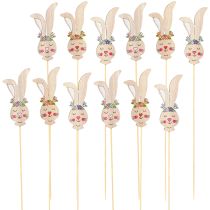 Artículo Tapón de flores cabeza de conejo decorativa de madera en palo 11cm 12 piezas