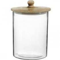 Tarro de cristal, bombonera con tapa de madera, cristal decorativo color natural, transparente Ø17cm H24,5cm