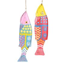 Artículo Decoración de peces de madera de colores para colgar, rojo y azul, surtidos, 38 cm, 2 unidades