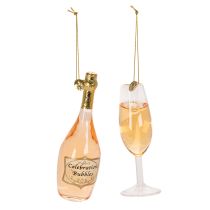 Artículo Juego de adornos para árbol de Navidad, copa de champán y botella de champán, decoración navideña, 14 cm, 2 piezas