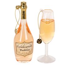 Artículo Juego de adornos para árbol de Navidad: copa de champán y botella de champán, decoración navideña, 14 cm, 2 piezas