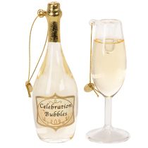 Artículo Juego de colgante con botella y copa de champán, decoración para árbol de Navidad, 14 cm, 2 piezas