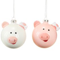 Artículo Adorno navideño de cerdito con bola de cristal rosa y blanca, Ø8cm, 2 unidades