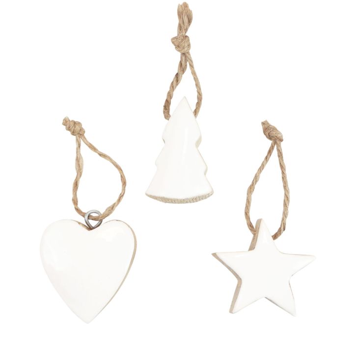 Artículo Adornos para árboles de Navidad mezcla de madera corazón estrella árbol de Navidad blanco, natural 5cm 27 piezas