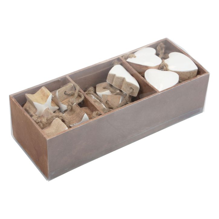 Artículo Adornos para árboles de Navidad mezcla de madera corazón estrella árbol de Navidad blanco, natural 5cm 27 piezas