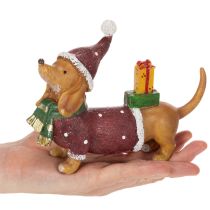 Artículo Figura decorativa de perro salchicha con paquete de regalo y sombrero, 18 cm.