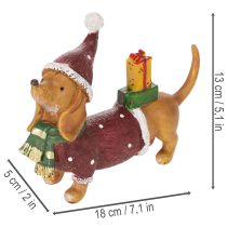 Artículo Figura decorativa de perro salchicha con paquete de regalo y sombrero, 18 cm.