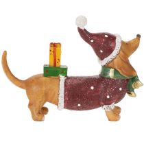 Artículo Figura decorativa de perro salchicha con paquete de regalo y sombrero, 18 cm.