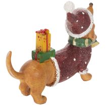 Artículo Figura decorativa de perro salchicha con paquete de regalo y sombrero, 18 cm.