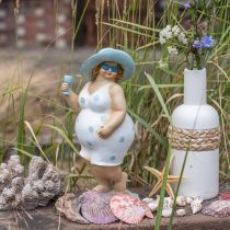 Dama con sombrero, decoración marina, verano, figura de baño azul/blanco Al. 27 cm