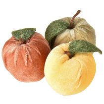 Artículo Manzana decorativa de terciopelo con hoja marrón y amarilla, Ø7,5 cm, alto 9 cm, 9 unidades