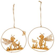 Artículo Abeja decorativa de metal, acabado oxidado, decoración de jardín para colgar, Ø14cm, 4 piezas