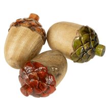 Artículo Bellotas decorativas de madera para mesa, color verde, naranja y rojo, 10 cm de alto, 3 unidades