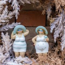 Figura decorativa damas en la playa, decoración de verano, figuras de baño con sombrero azul/blanco Al. 15/15,5 cm juego de 2