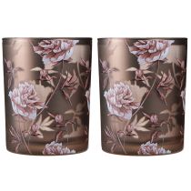 Artículo Farol decorativo de cristal con peonías en color marrón plateado (alto 12,5 cm, 2 unidades)