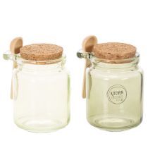 Artículo Vaso decorativo con tapa de corcho y cuchara, verde, Ø7cm, H10cm, 2 piezas