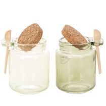 Artículo Vaso decorativo con tapa de corcho y cuchara, verde, Ø7cm, H10cm, 2 piezas