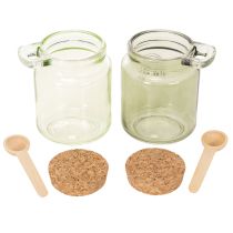 Artículo Vaso decorativo con tapa de corcho y cuchara, verde, Ø7cm, H10cm, 2 piezas