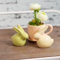 Artículo Conejo decorativo, amarillo, verde, marrón, figura de cerámica moderna para Pascua, 8,5 cm, 3 piezas