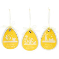 Artículo Huevos de Pascua decorativos para colgar, blancos y amarillos, de madera, decoración de Pascua, decoración de primavera, 6 piezas