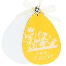 Artículo Set de 6 Huevos Decorativos de Madera para Colgar en Blanco y Amarillo con Campanilla