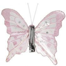 Artículo Mariposas decorativas de plumas purpurina rosa 7,5x7cm 4 piezas