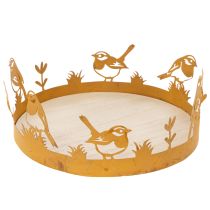 Artículo Bandeja decorativa, adorno de mesa con pájaros, decoración primaveral, metal oxidado, Ø20cm H8.5cm