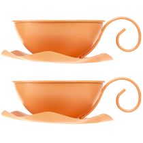 Artículo Taza decorativa Ø16cm H9cm con plato decoración de metal naranja 2ud