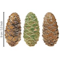 Artículo Piñas decorativas de cerámica, colores surtidos: verde, amarillo y marrón, 8,5 cm, 6 unidades.