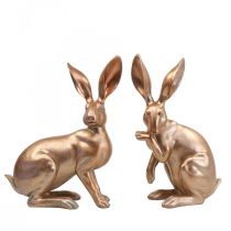 Deco conejito dorado sentado par de conejitos de pascua Al.30,5 cm 2 uds.